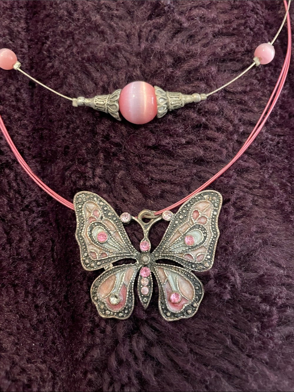 Pink Butterfly Pendant Necklace with Deco Rhinestones and pink beaded necklace